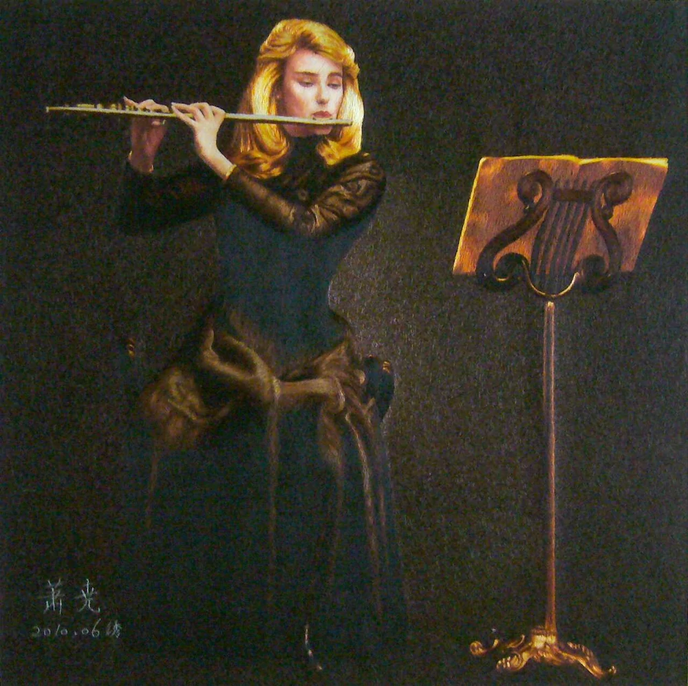 肖尧乱针绣作品《长笛手》