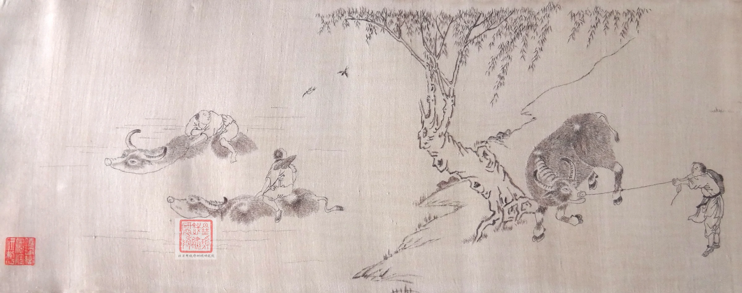 邵晓琤与肖尧合绣的发绣作品《牧牛图》局部