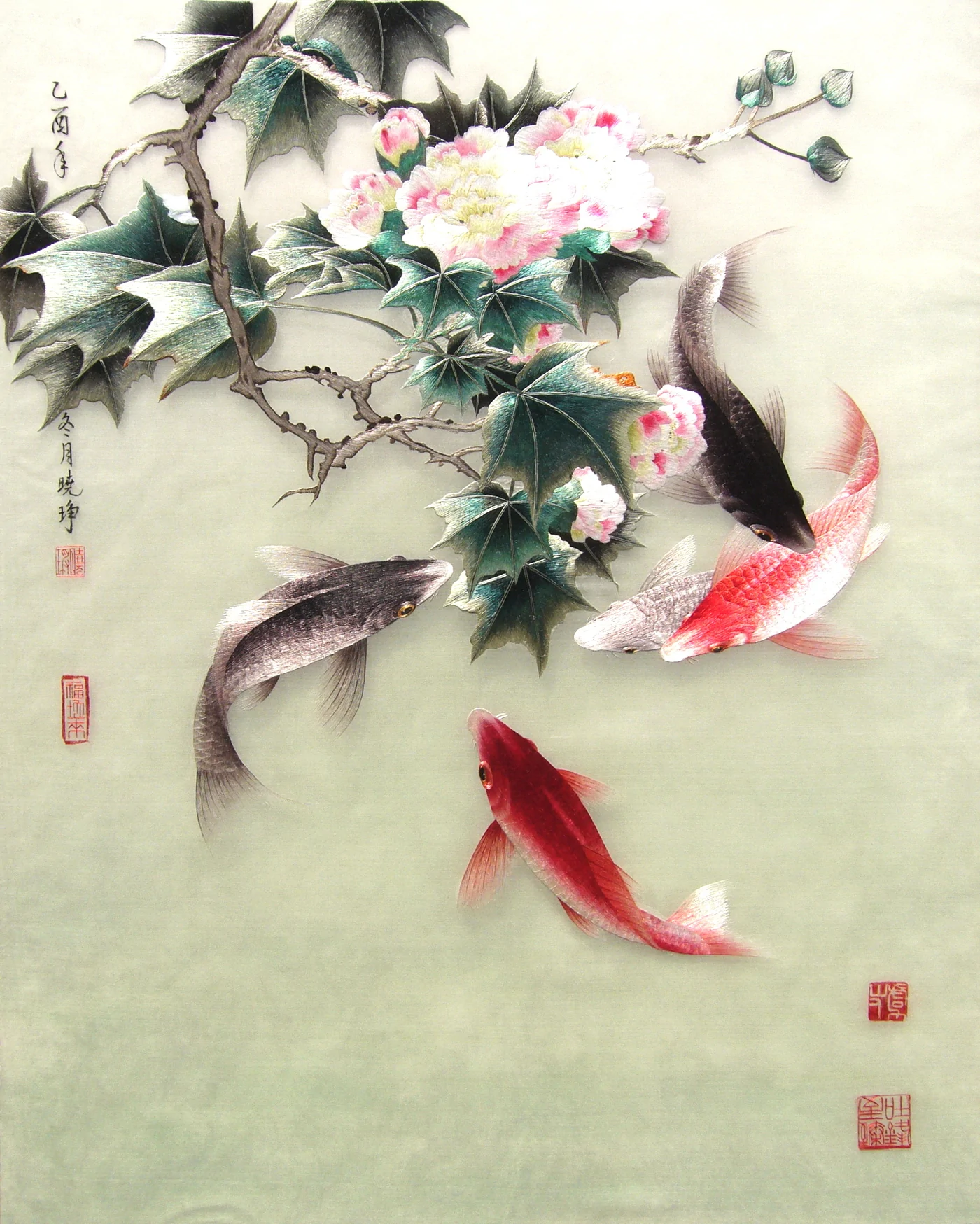 芙蓉鲤鱼刺绣作品